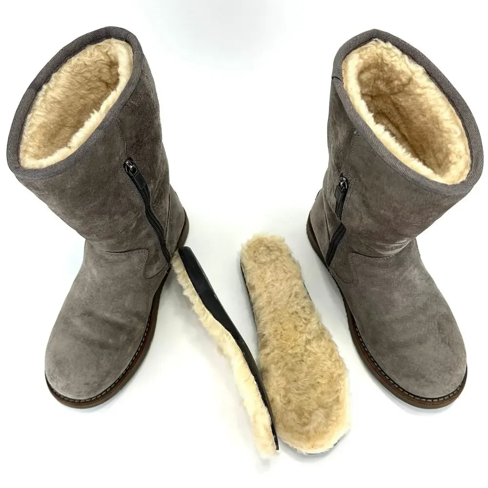 UGG Australia Gray Short Winter Boot Sz 6 Suede Wool Cold Weather Flat Mid-Calf